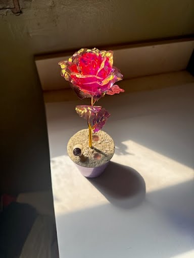 Pink Tupac Rose concrete art - handcrafted metallic colored rose in concrete base