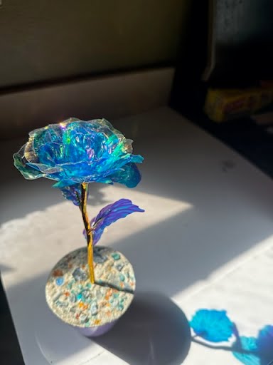 Blue Tupac Rose concrete art - handcrafted metallic colored rose in concrete base
